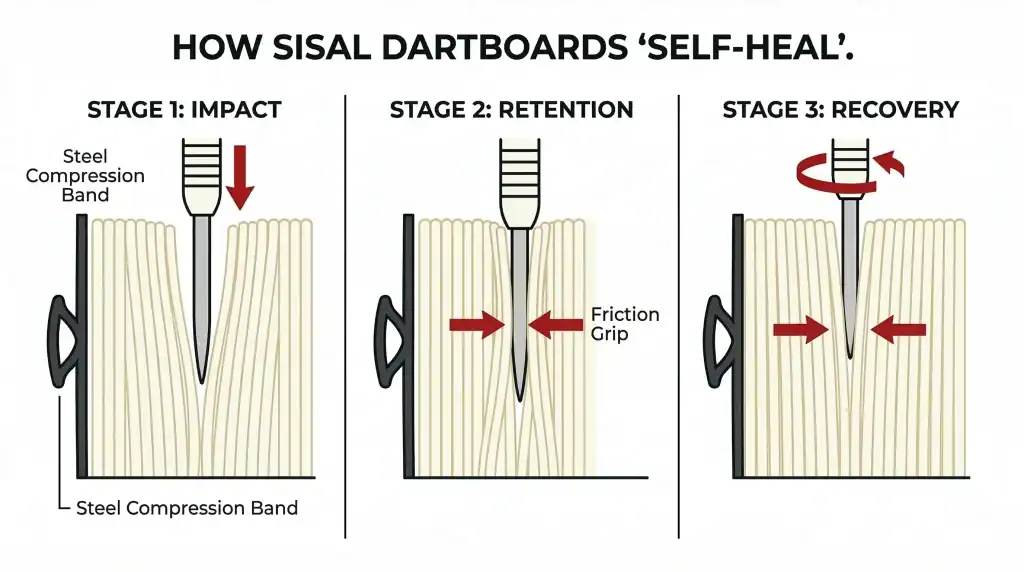 Sisal dartboard self-healing process stages