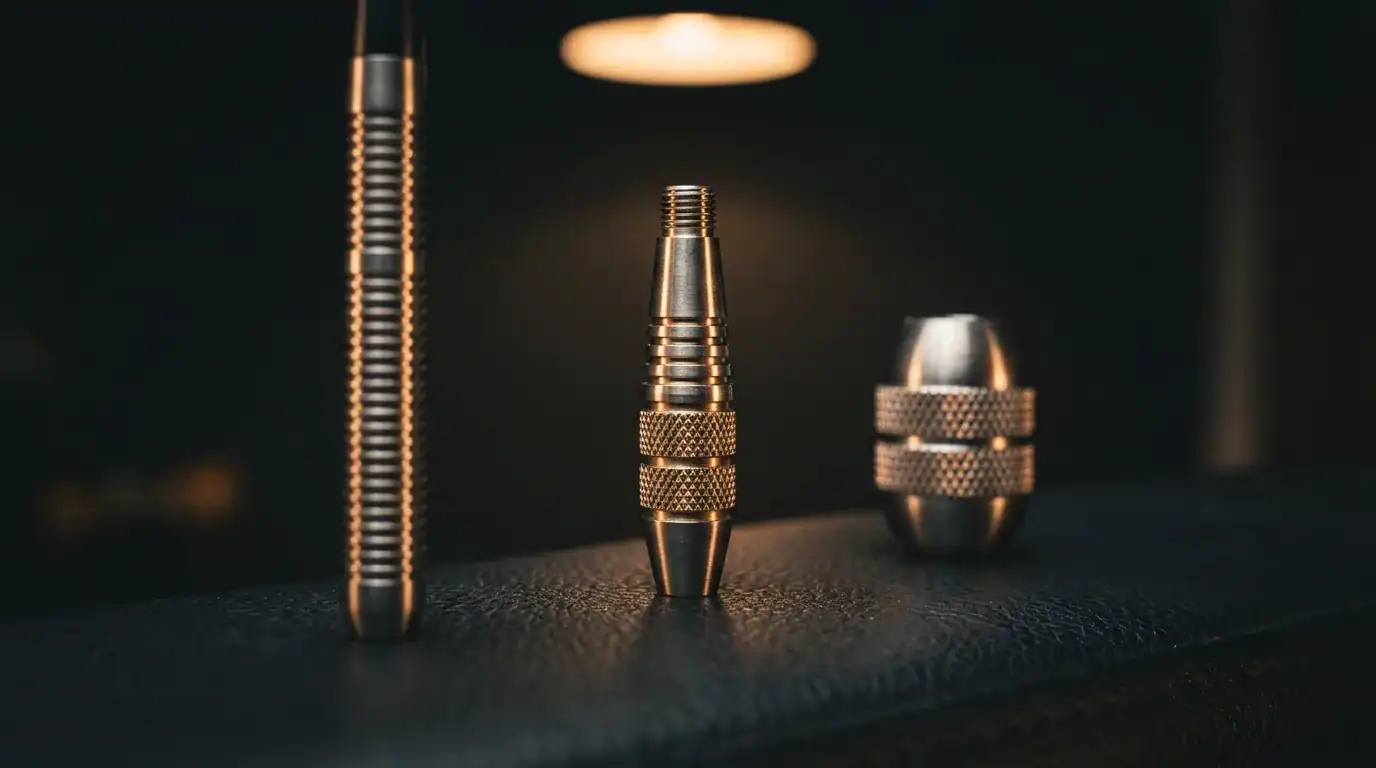 Three tungsten dart barrels showing straight, torpedo, and bomb barrel shapes side by side