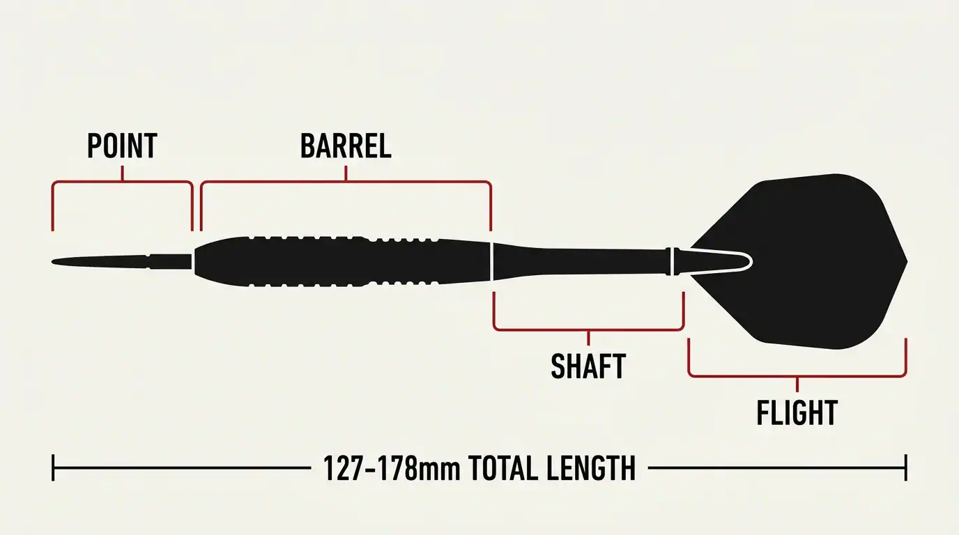 Labelled diagram showing the four parts of a dart: point, barrel, shaft, and flight with total length measurement