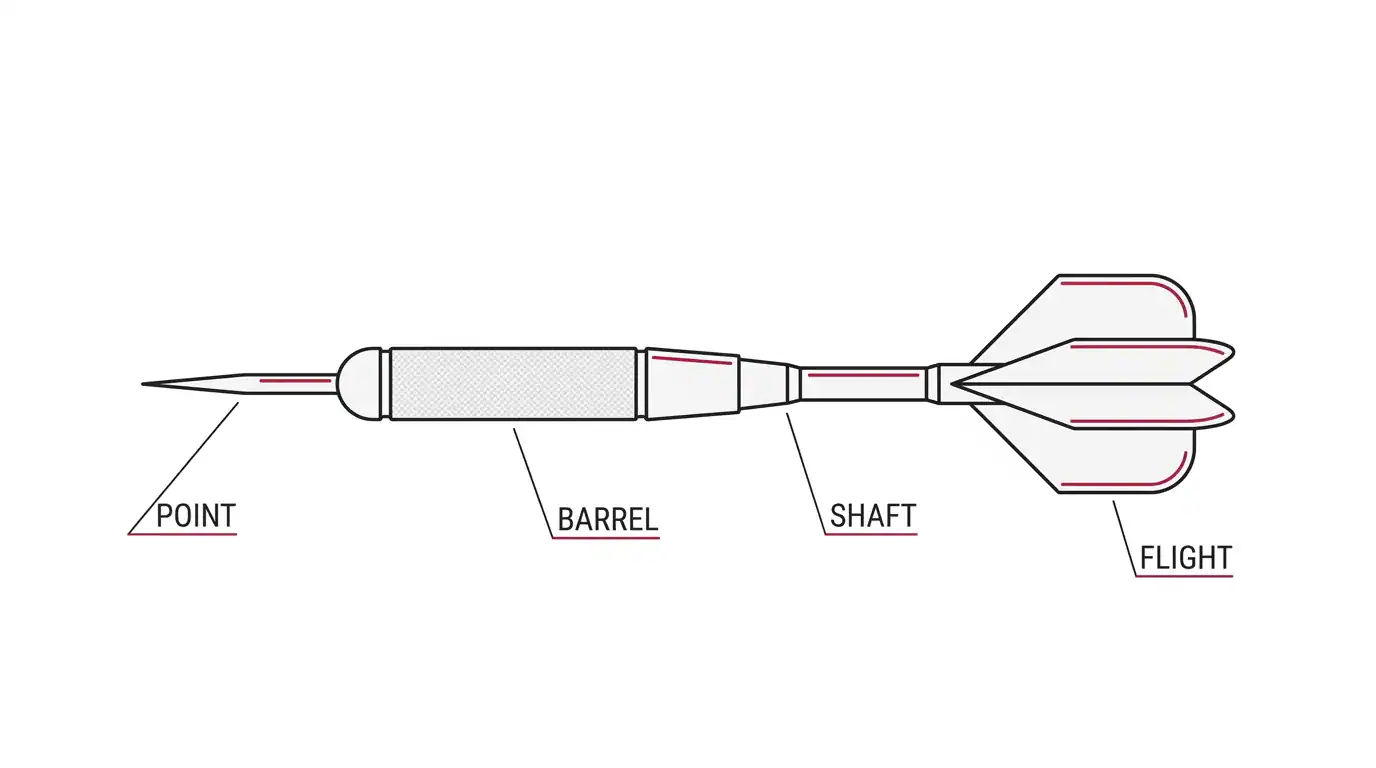 Flat vector diagram showing the four parts of a dart labeled point barrel shaft and flight
