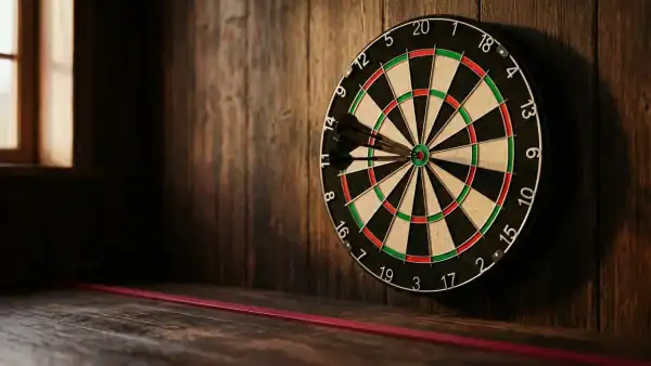 Bristle dartboard mounted on dark wood wall with three tungsten darts grouped in treble 20 and a crimson oche line on the floor