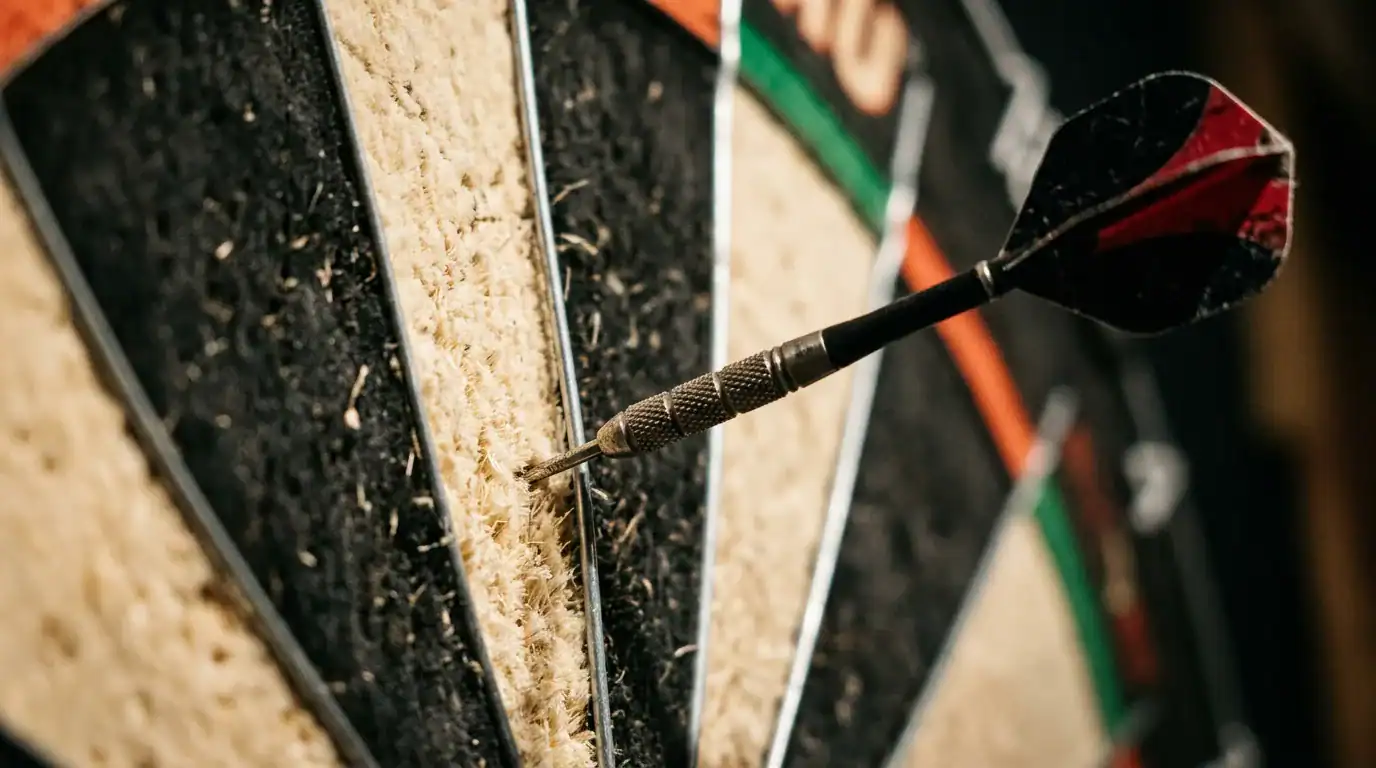 A dart embedded in a bristle dartboard next to a wire divider