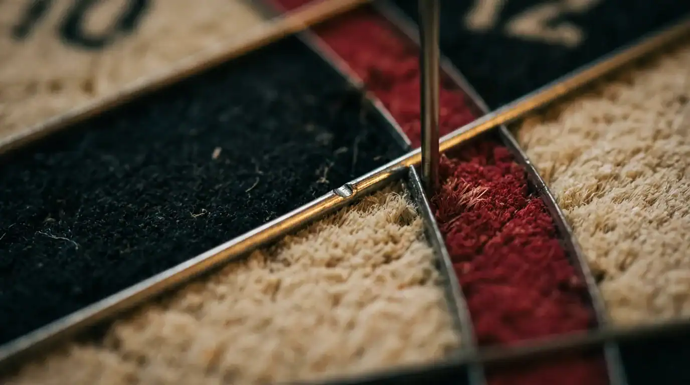 Close-up of blade wire dividers on a bristle dartboard surface
