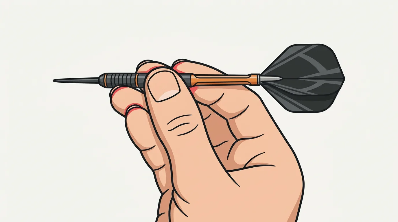 Cartoon illustration showing the three-finger claw grip with fingers curving over the dart barrel