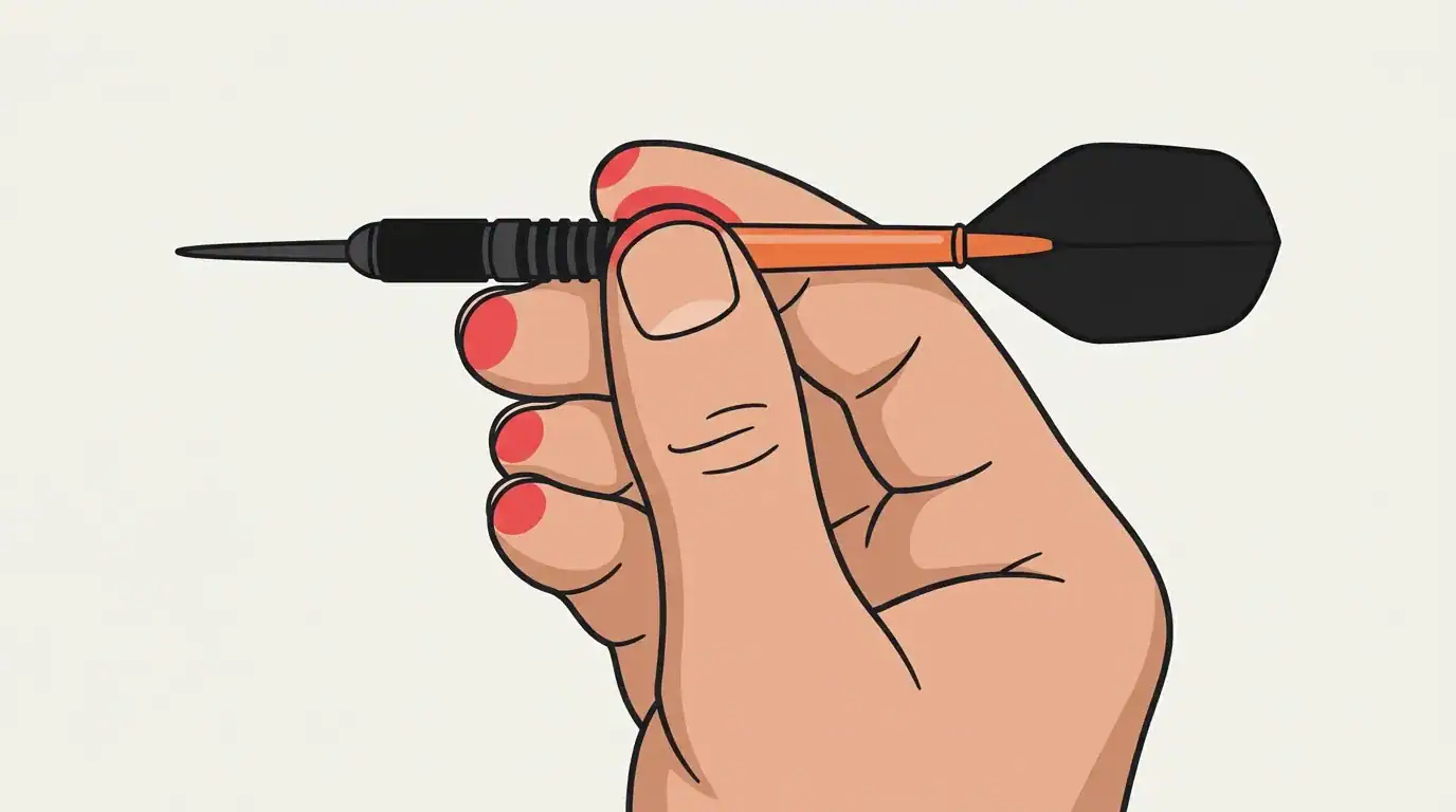 Cartoon illustration showing fingers gripping the back of a dart barrel near the shaft