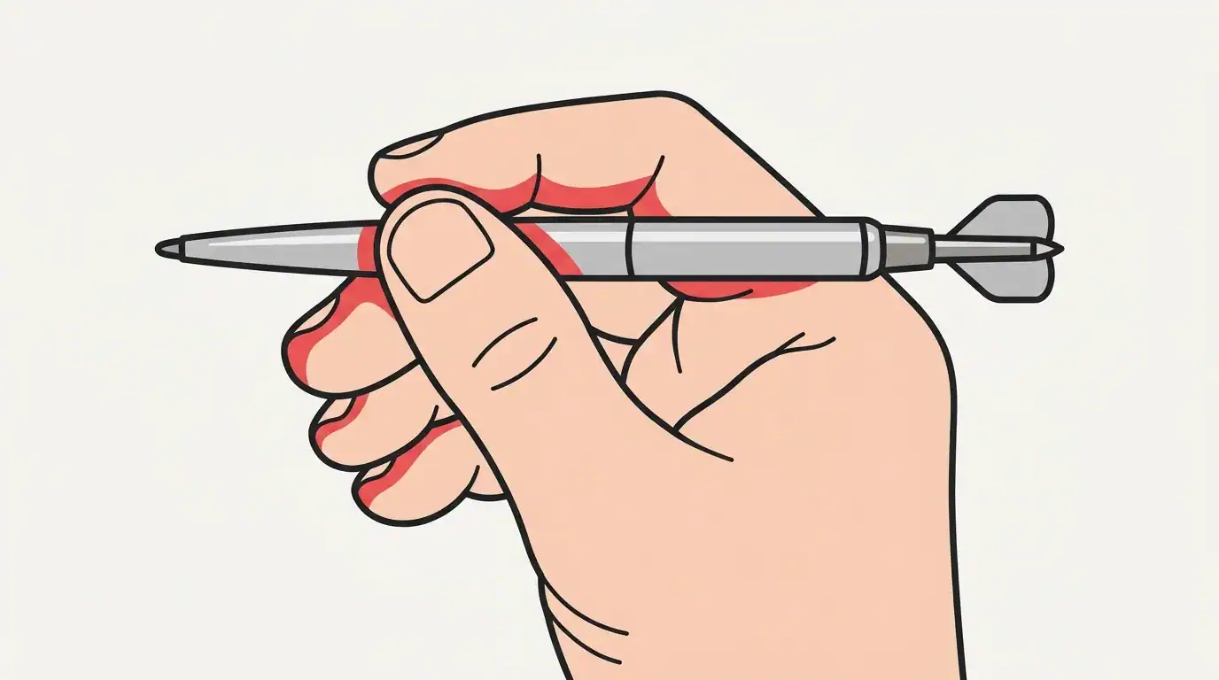 Cartoon illustration showing how to hold a pen with thumb and two fingers - the same motor pattern used for holding a dart
