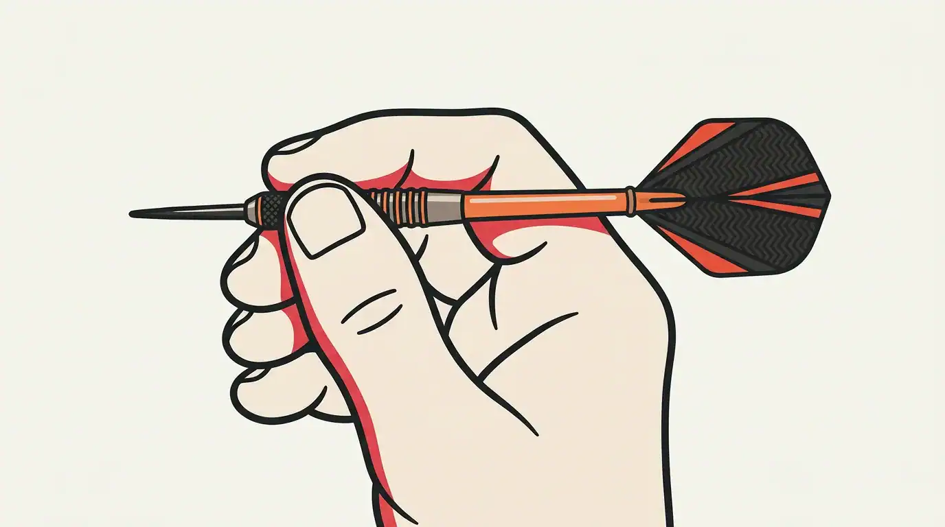 Cartoon illustration showing the pencil grip - holding a dart with thumb and two fingers like a pen