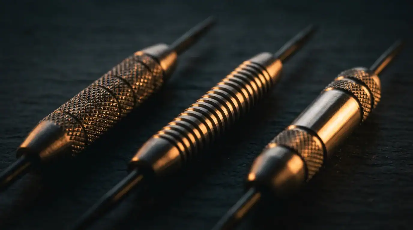 Three dart barrels showing knurled ringed and smooth grip textures side by side