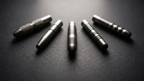 Multiple tungsten dart barrels of different shapes arranged in a semi-circle on dark charcoal with one highlighted