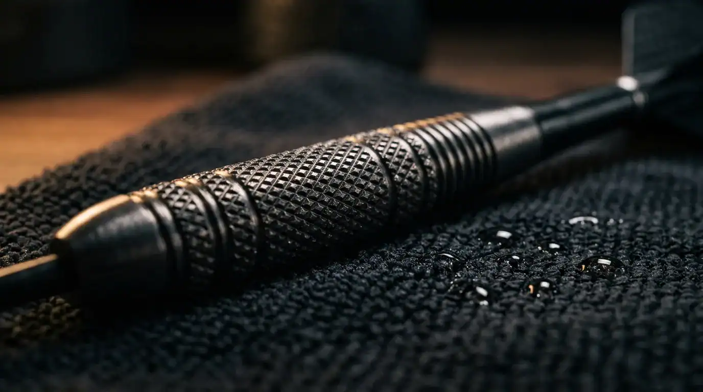 Extreme close-up of a freshly cleaned tungsten dart barrel showing crisp knurled grip texture with water droplets on a microfibre cloth