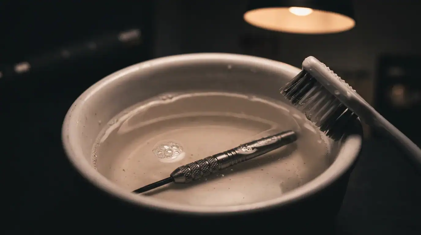 Tungsten dart barrel soaking in a ceramic bowl of warm soapy water with a toothbrush