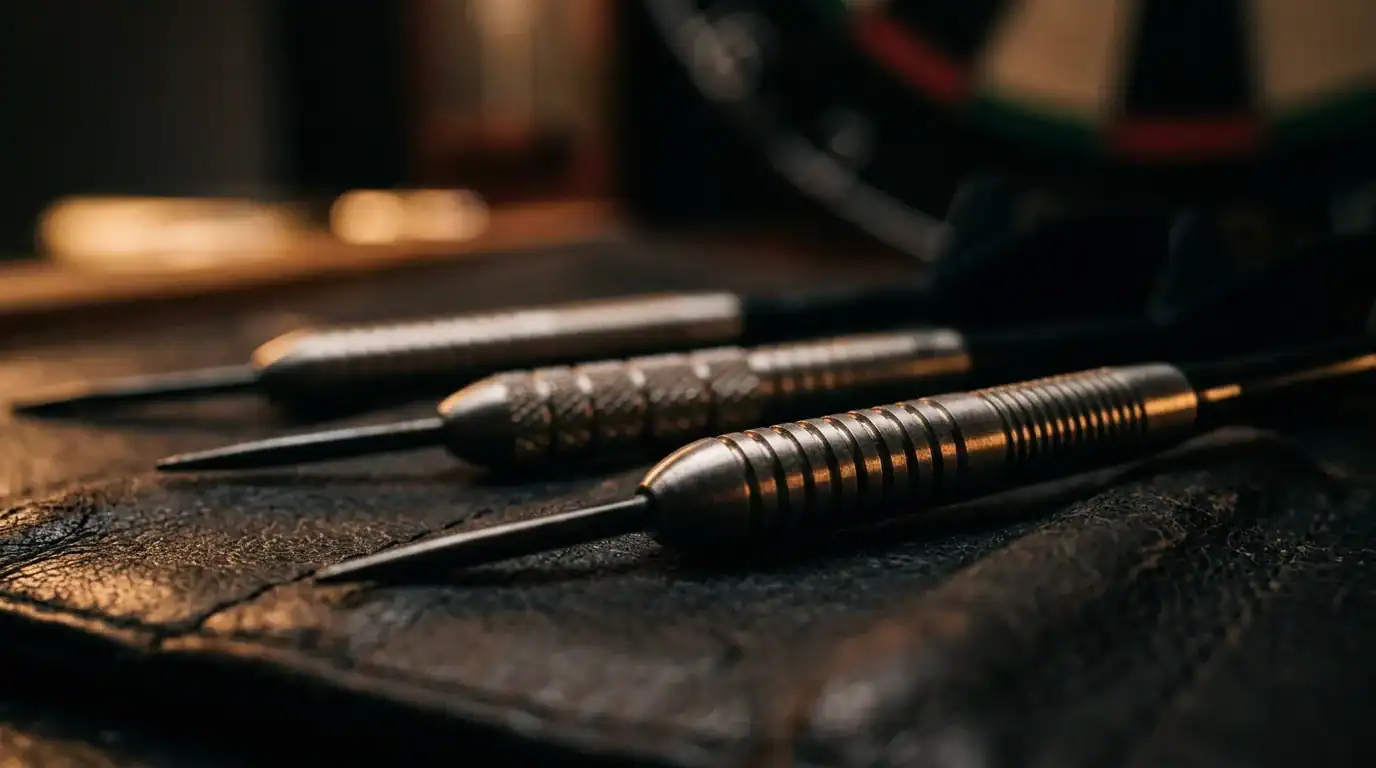 Three tungsten dart barrels with different grip patterns on a dark leather surface