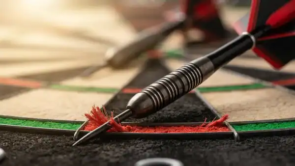 Steel-tip tungsten dart embedded in a bristle dartboard close-up