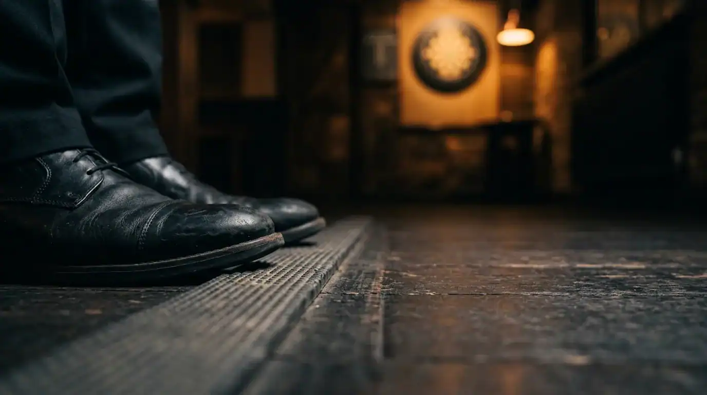 Shoes positioned at the oche line with a dartboard in the background