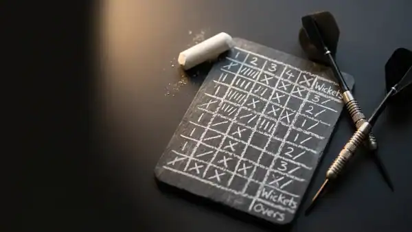 Chalk cricket scoring slate with tungsten darts on a dark charcoal surface