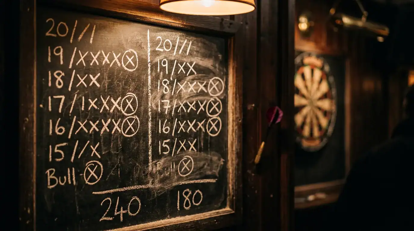 Pub chalkboard showing cricket darts scoring with marks and point totals