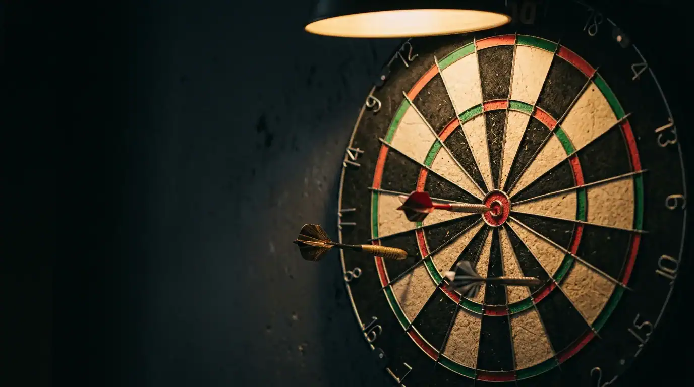 Dartboard with darts in multiple segments showing the tactical spread of a cricket match