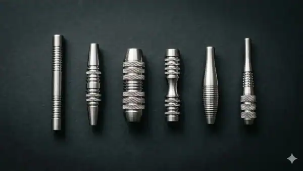 Six dart barrel shapes arranged side by side — straight, torpedo, bomb, scallop, pear, and stealth profiles in polished tungsten on dark surface