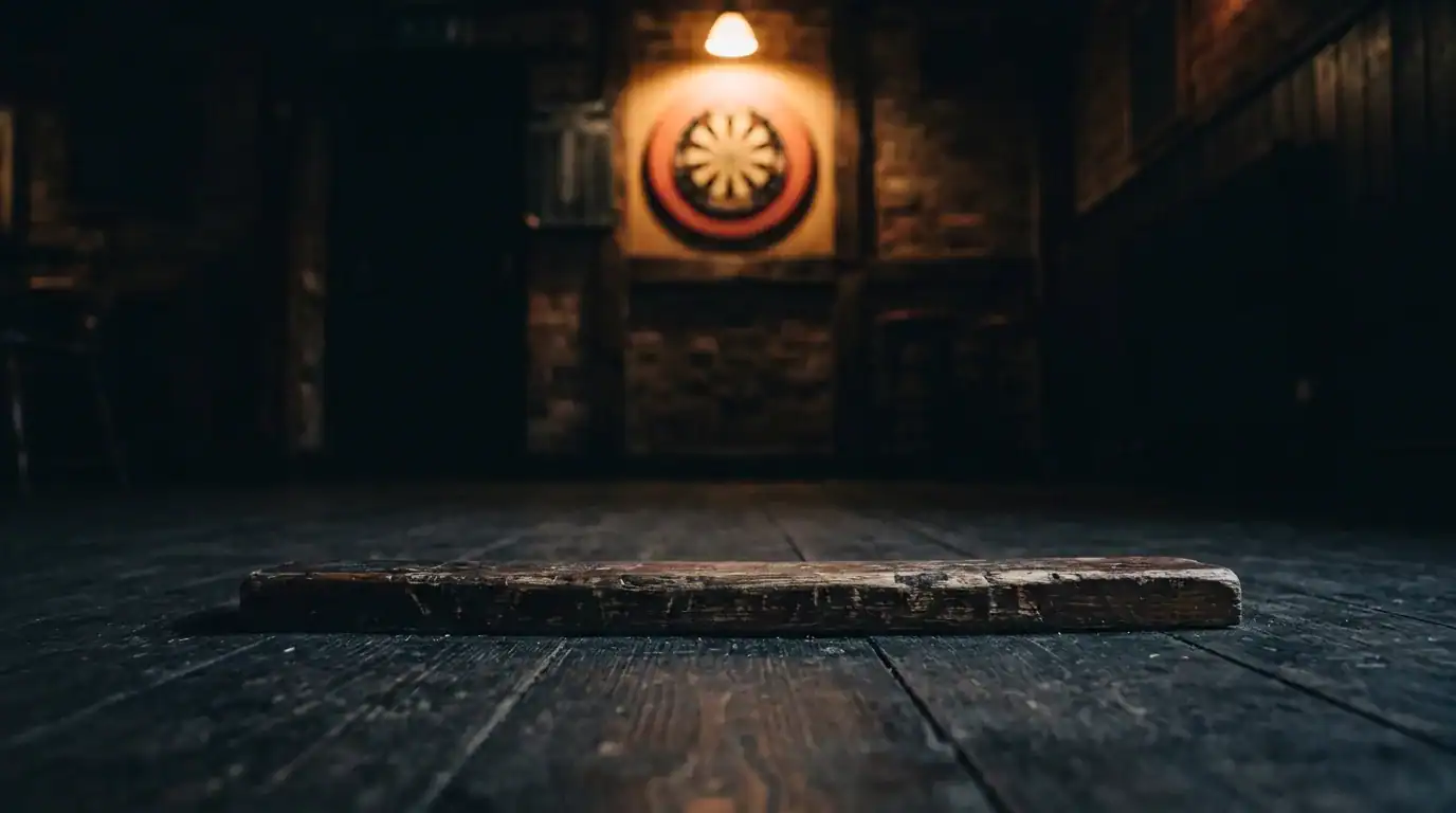 Ground-level view of a wooden oche line with a dartboard glowing under a warm light in the background
