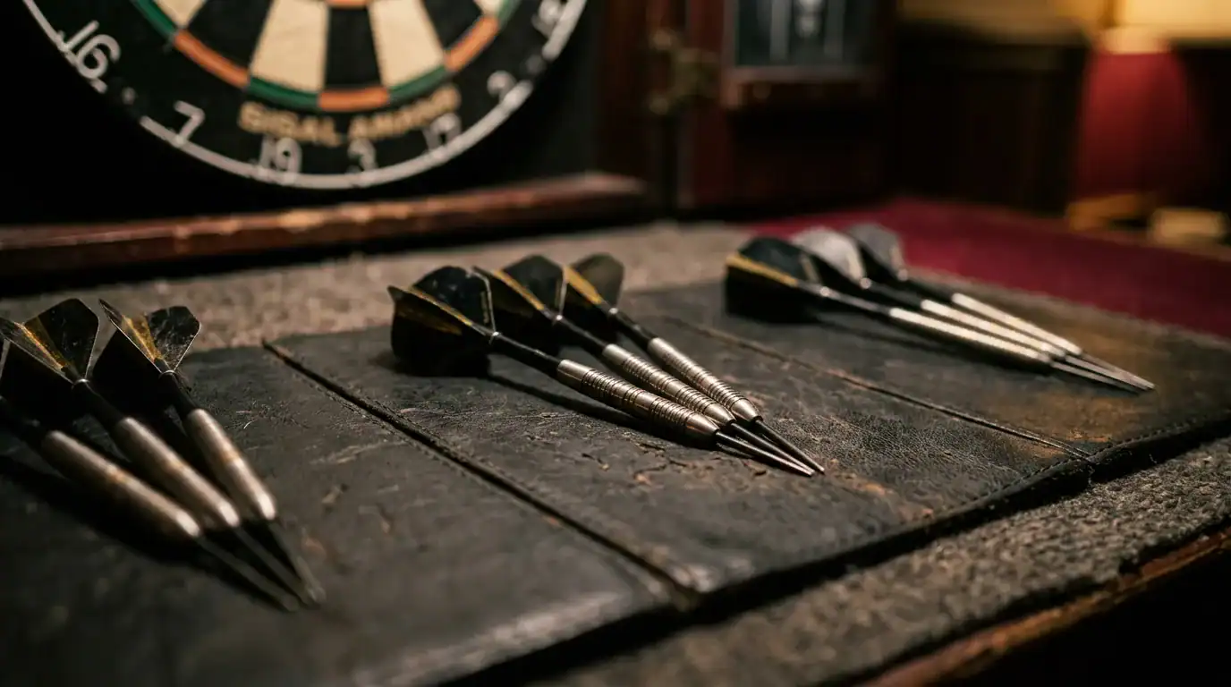 Three sets of tungsten darts arranged on a dark surface ready for a practice session