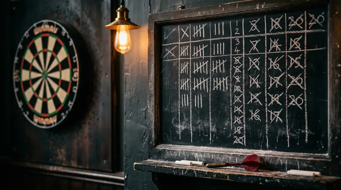 Chalkboard cricket scorer next to a dartboard in a warm pub setting