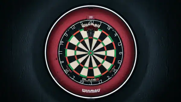 A dartboard with a red EVA foam surround and LED ring light providing shadow-free illumination