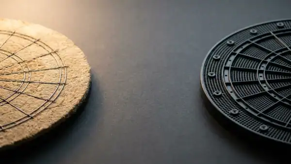 Bristle sisal dartboard surface next to electronic plastic hole surface on dark charcoal