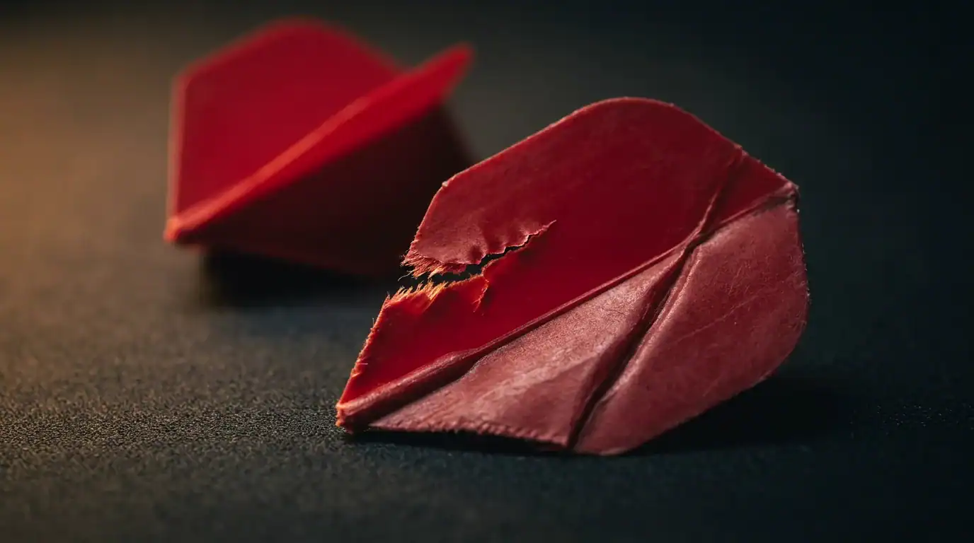Close-up of a damaged crimson dart flight showing a visible tear and crease lines