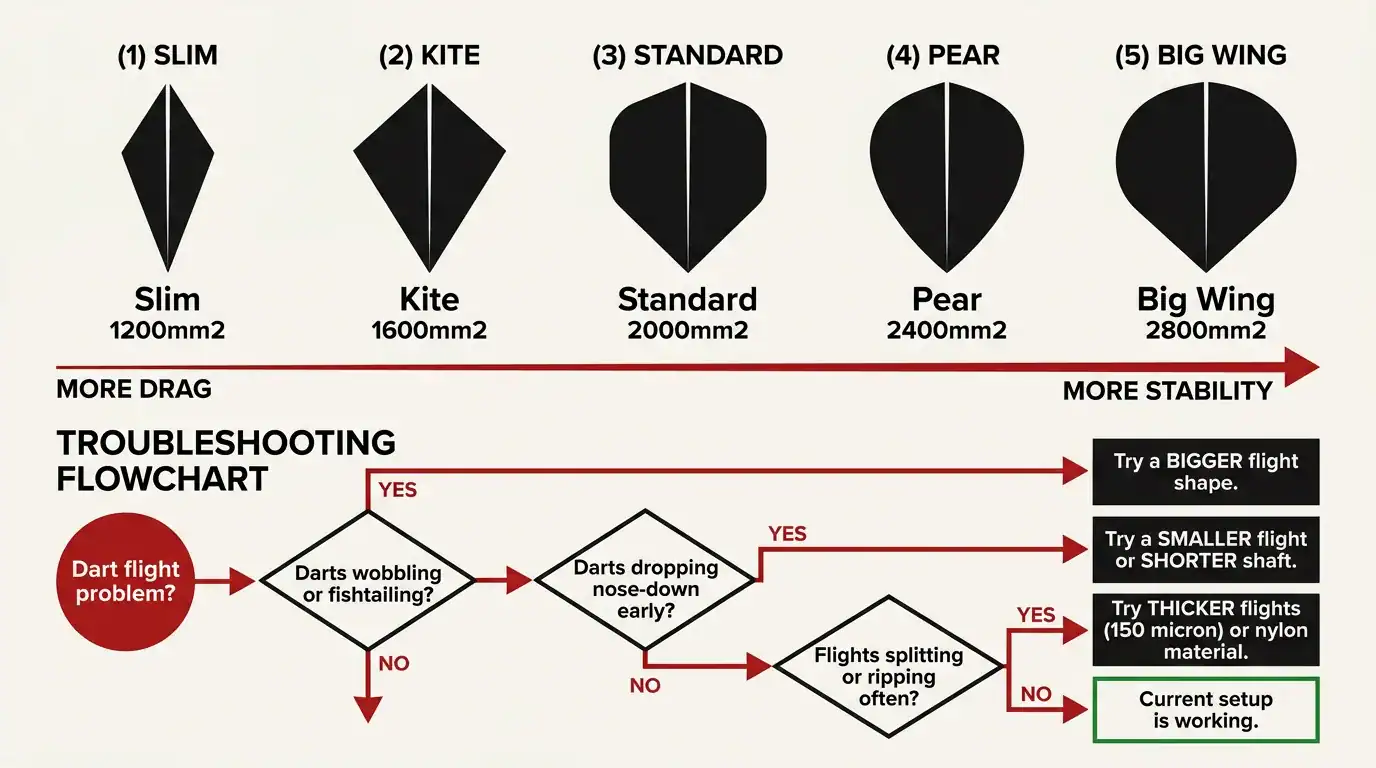 Flat vector diagram showing five dart flight shapes with surface areas and a troubleshooting flowchart for common flight problems