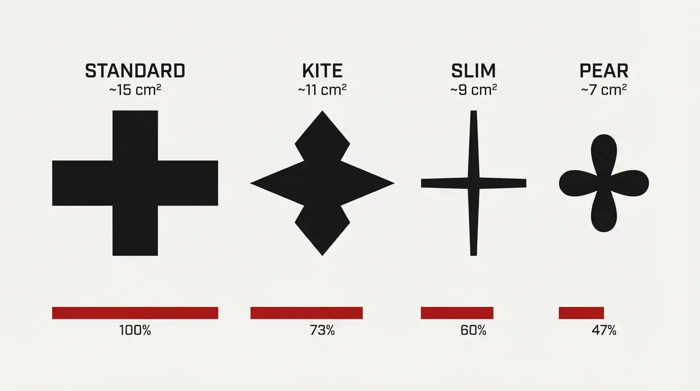 Flat vector comparison of four dart flight shapes viewed from behind  -  standard, kite, slim, and pear  -  with relative surface area and drag indicators