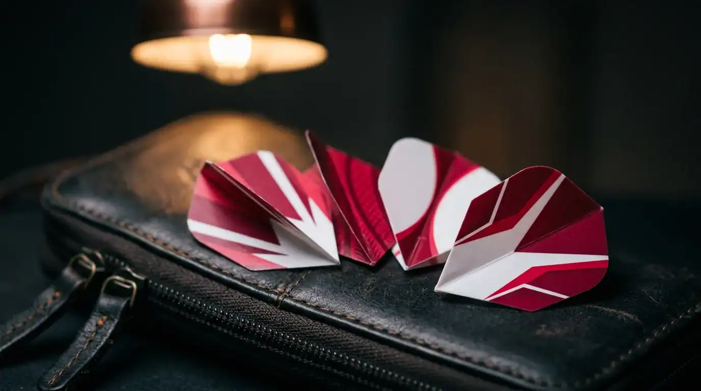 Several fresh crimson and white dart flights fanned out on a dark leather dart case