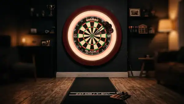 A cozy home darts setup with a bristle dartboard, LED ring light, foam surround, and rubber oche mat in a warmly lit room