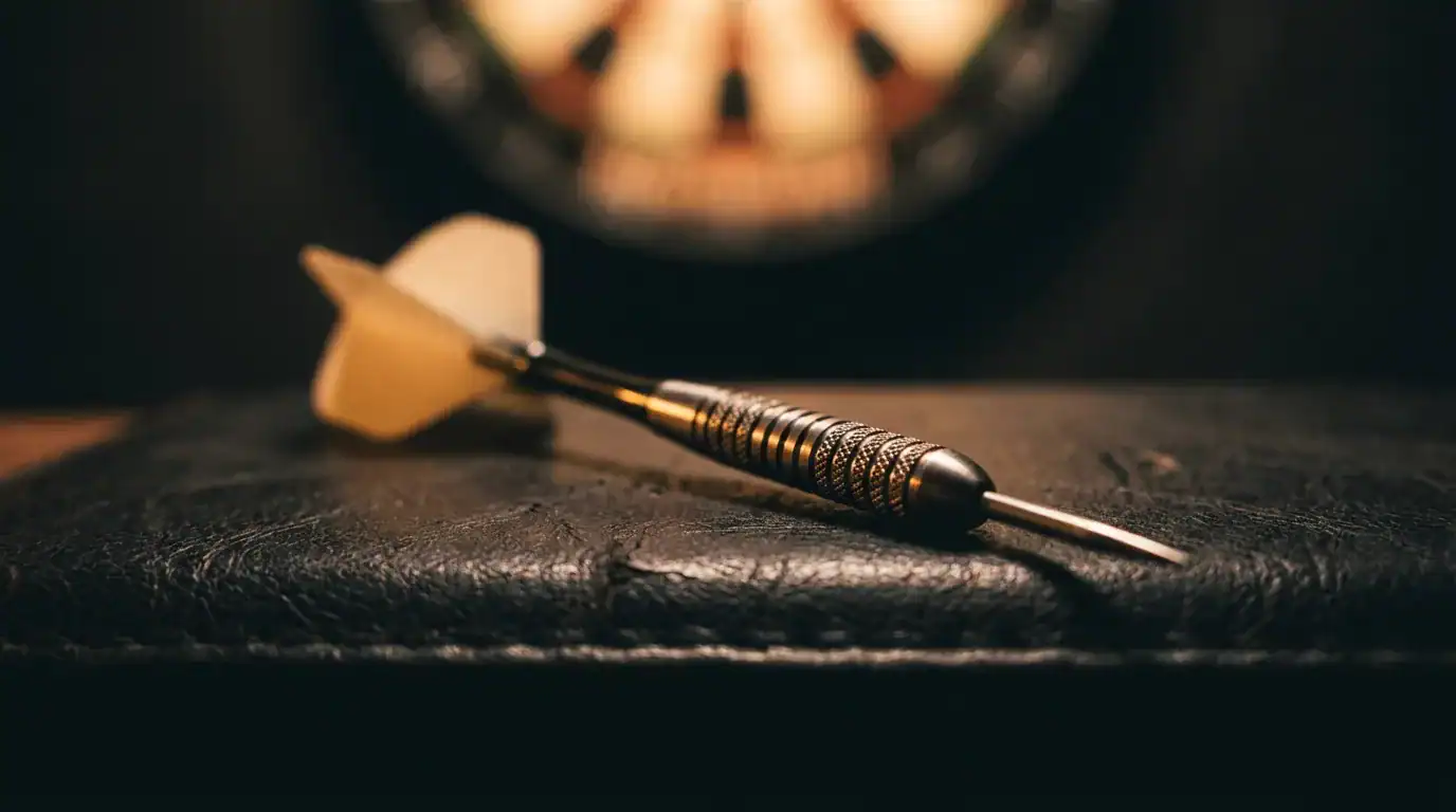 A tungsten dart resting on a dark leather oche mat with a warm-lit dartboard blurred in the background