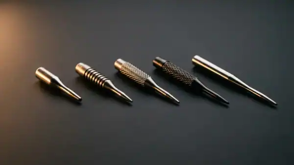 Five steel tip dart points of different lengths and surface textures arranged on dark charcoal surface