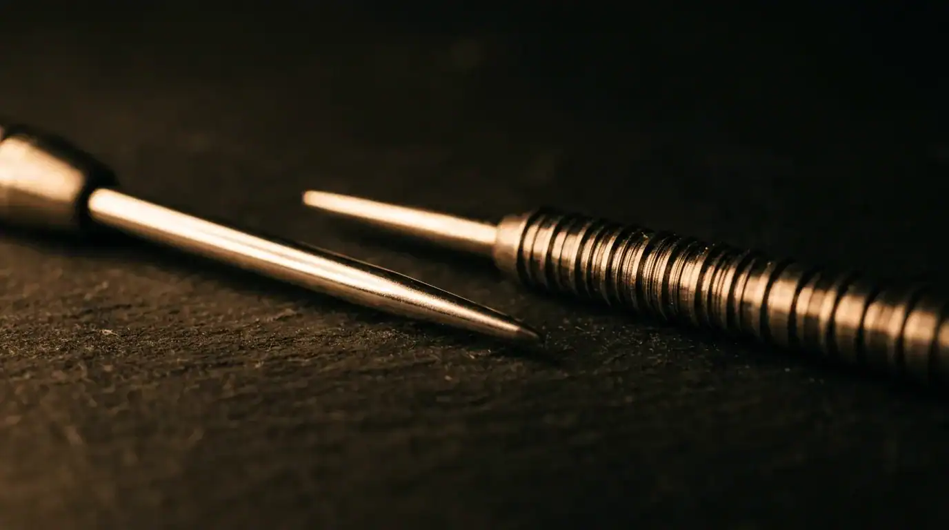 Close-up comparing smooth and ringed steel tip dart point surfaces