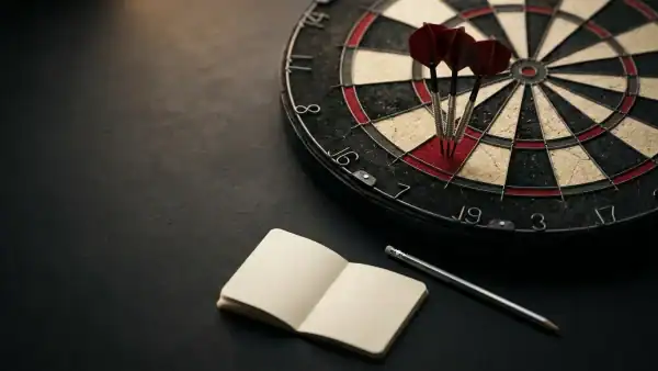 Dartboard with three darts in the treble 20 and a notebook on a dark surface