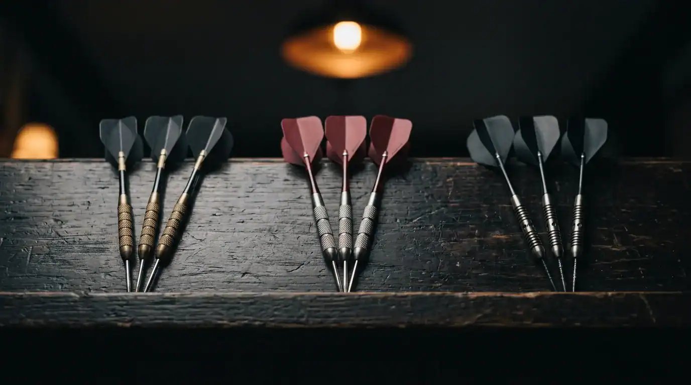 Three sets of darts laid out on a dark wooden surface with warm pendant light