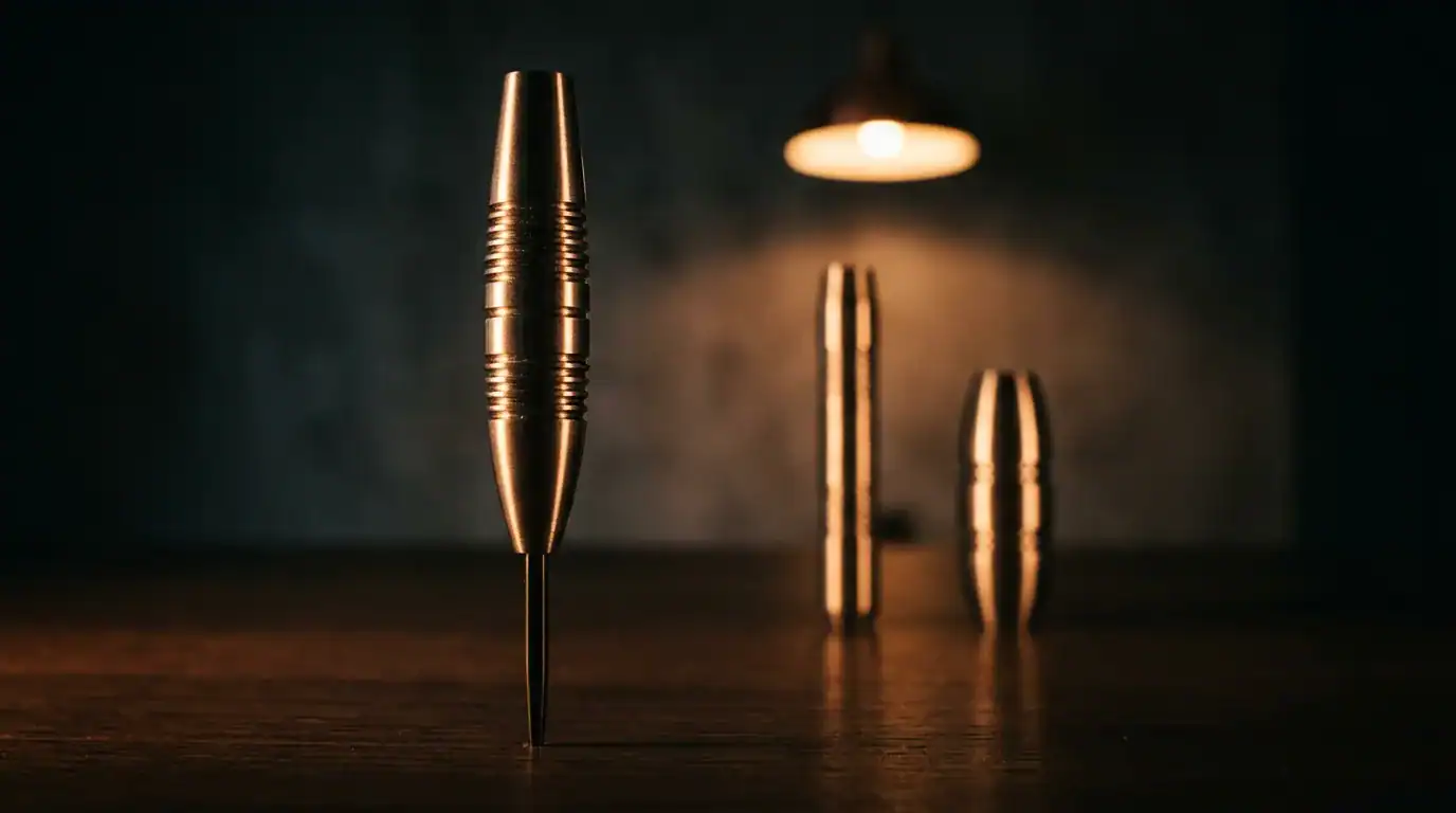 Professional tungsten dart barrel standing upright showing torpedo shape with two alternative shapes in bokeh behind