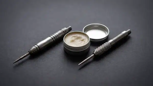 Worn and fresh tungsten dart barrels with grip wax tin on dark charcoal surface