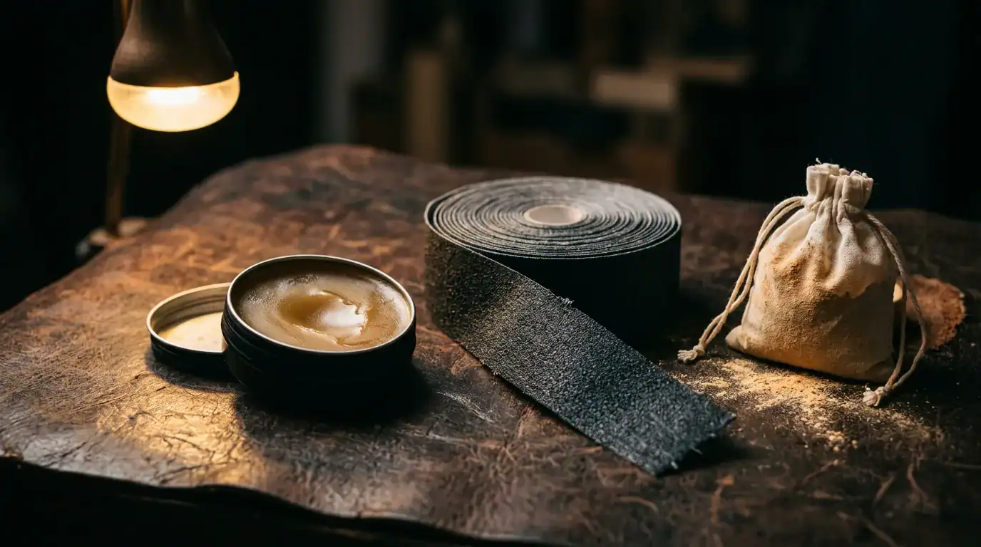 Grip wax tin, grip tape roll, and rosin bag on a dark leather surface