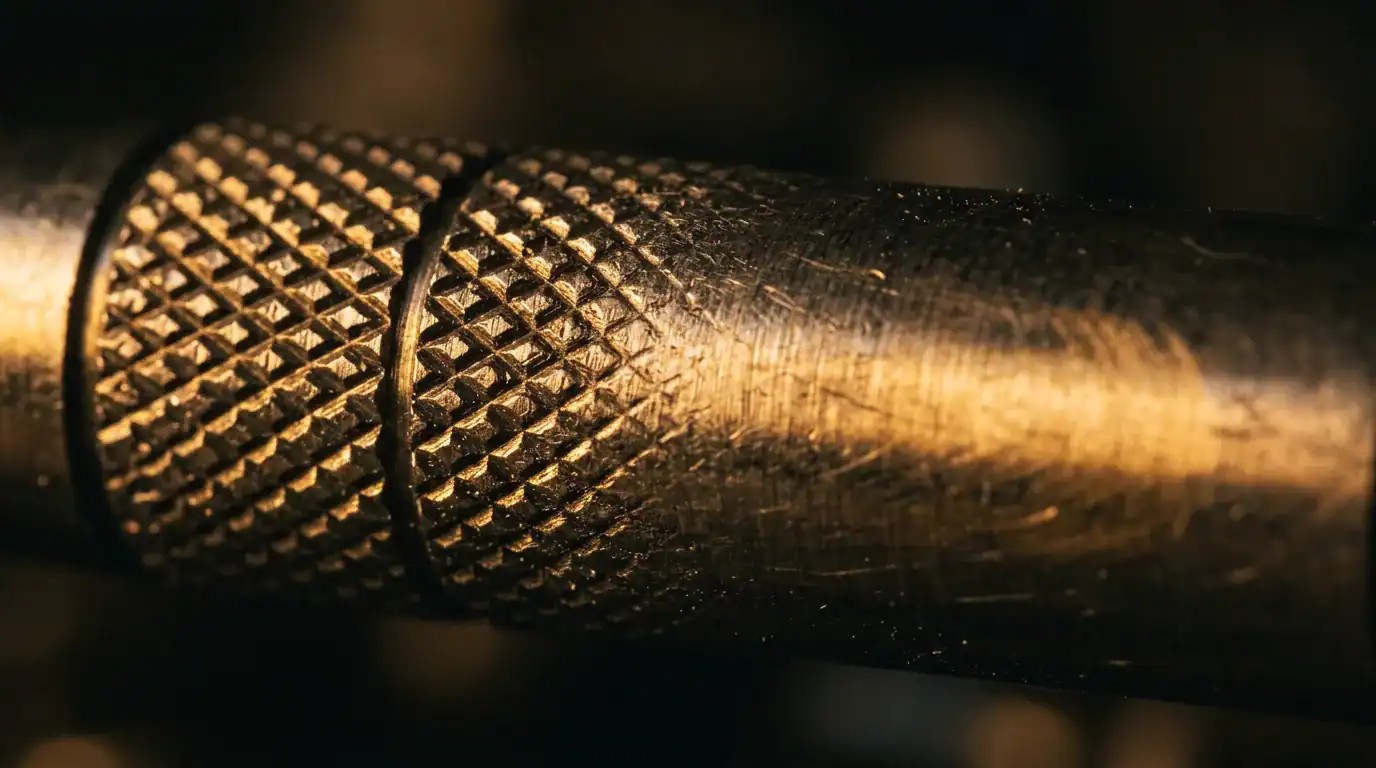 Extreme macro of tungsten dart barrel showing knurl pattern transitioning from crisp to worn smooth