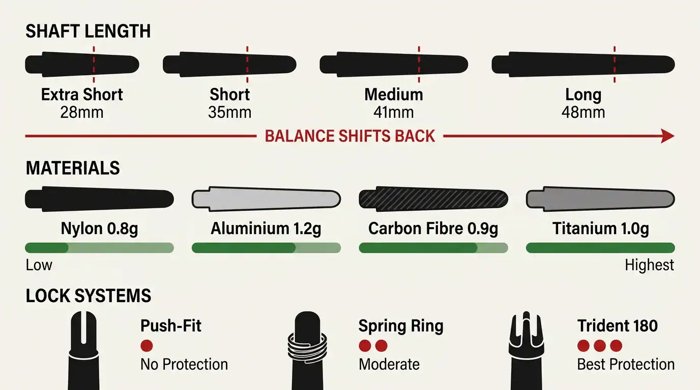 Flat vector diagram showing five dart shafts from extra short to long with balance point markers shifting rearward as shaft length increases