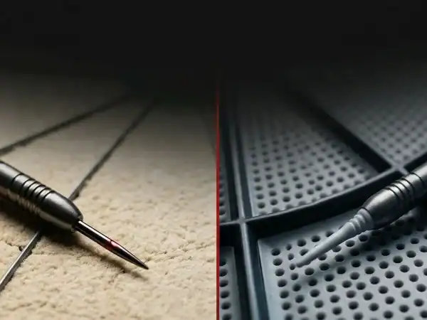 Close-up of a steel tip dart on a sisal bristle board surface beside a soft tip dart on an electronic board surface — featured image for TheDartScout's steel tip vs soft tip darts comparison