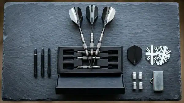 Flat lay of a premium dart set contents: three tungsten darts in a case, spare flights, spare shafts, and accessories on a dark slate surface