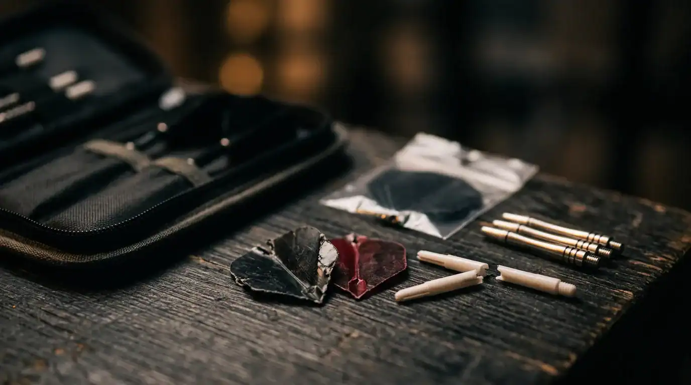 Worn dart flights and a cracked shaft laid out next to new replacement flights and aluminium shafts on a dark wooden surface