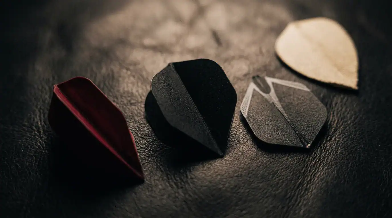 Three different dart flight shapes on a dark leather surface