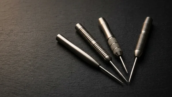 Four tungsten dart barrels with steel tips in fan arrangement on charcoal surface showing different grip textures