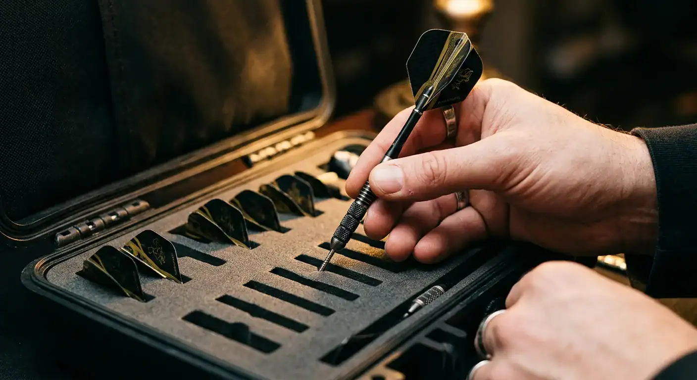 Close-up of dart being placed into a hard dart case holder slot with flights intact