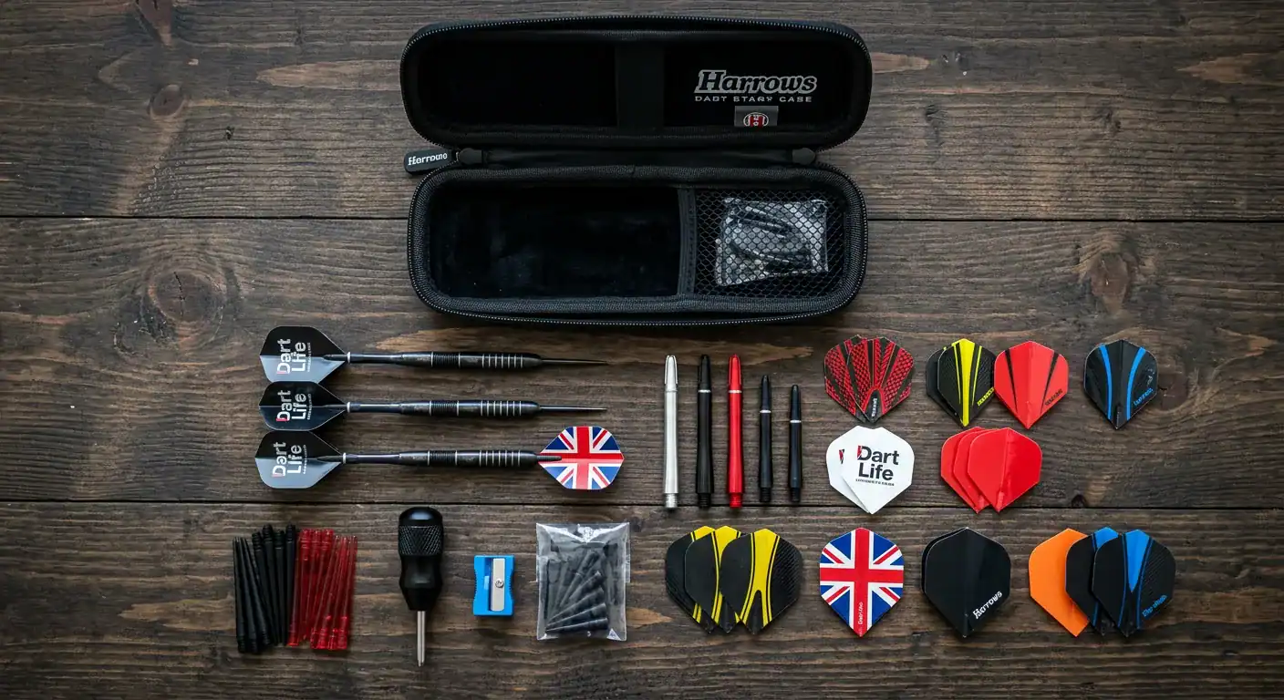 Dart accessories flat lay showing darts, spare flights, shafts, and soft tips ready to pack