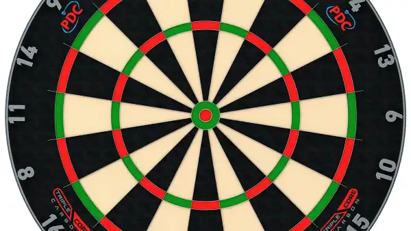 Winmau Blade 6 Triple Core Carbon professional bristle dartboard showing PDC endorsement and blade wire system